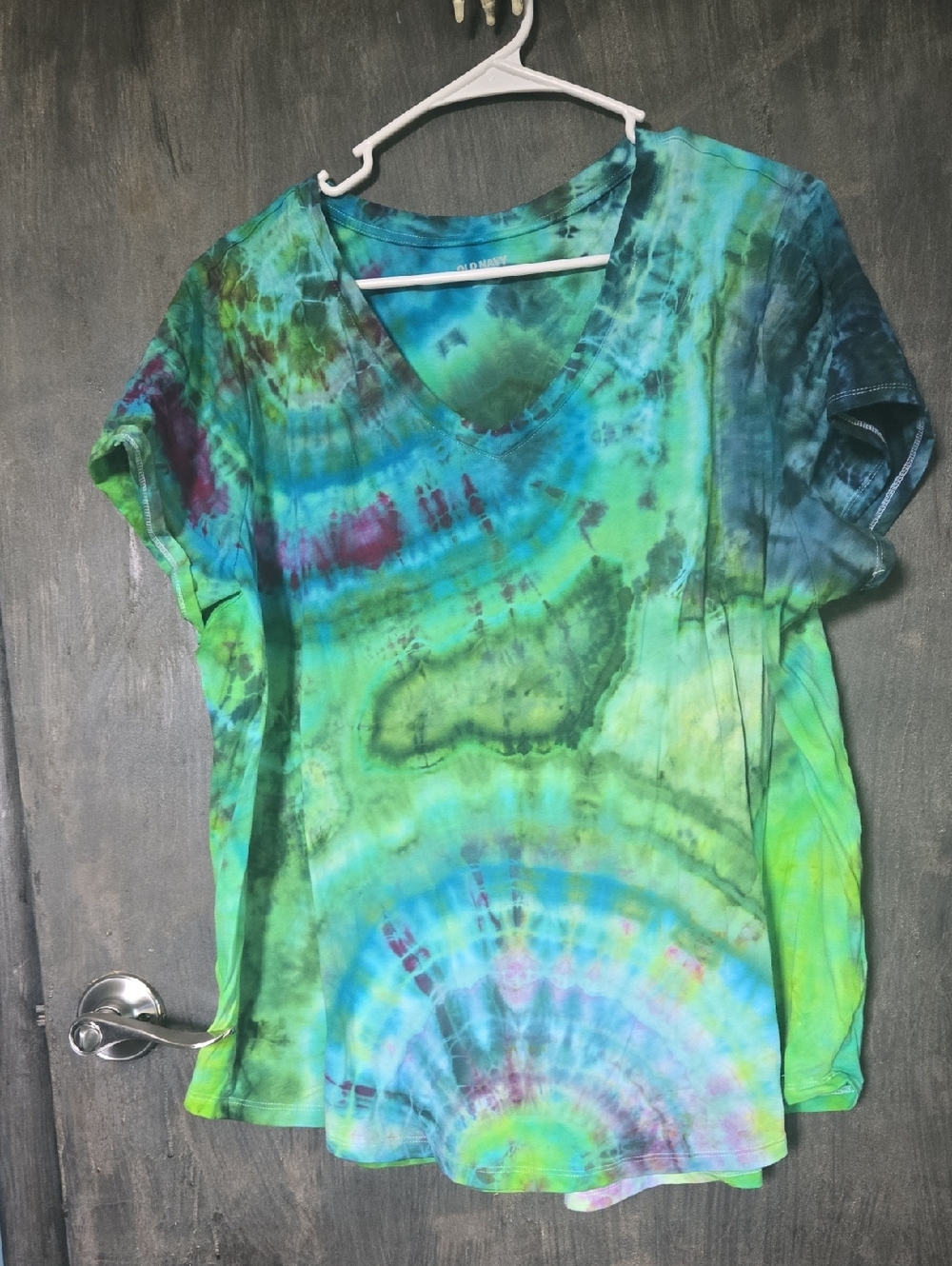 Old Navy Tie-Dye V-Neck Tee in Green and Blue with Purple Accents
